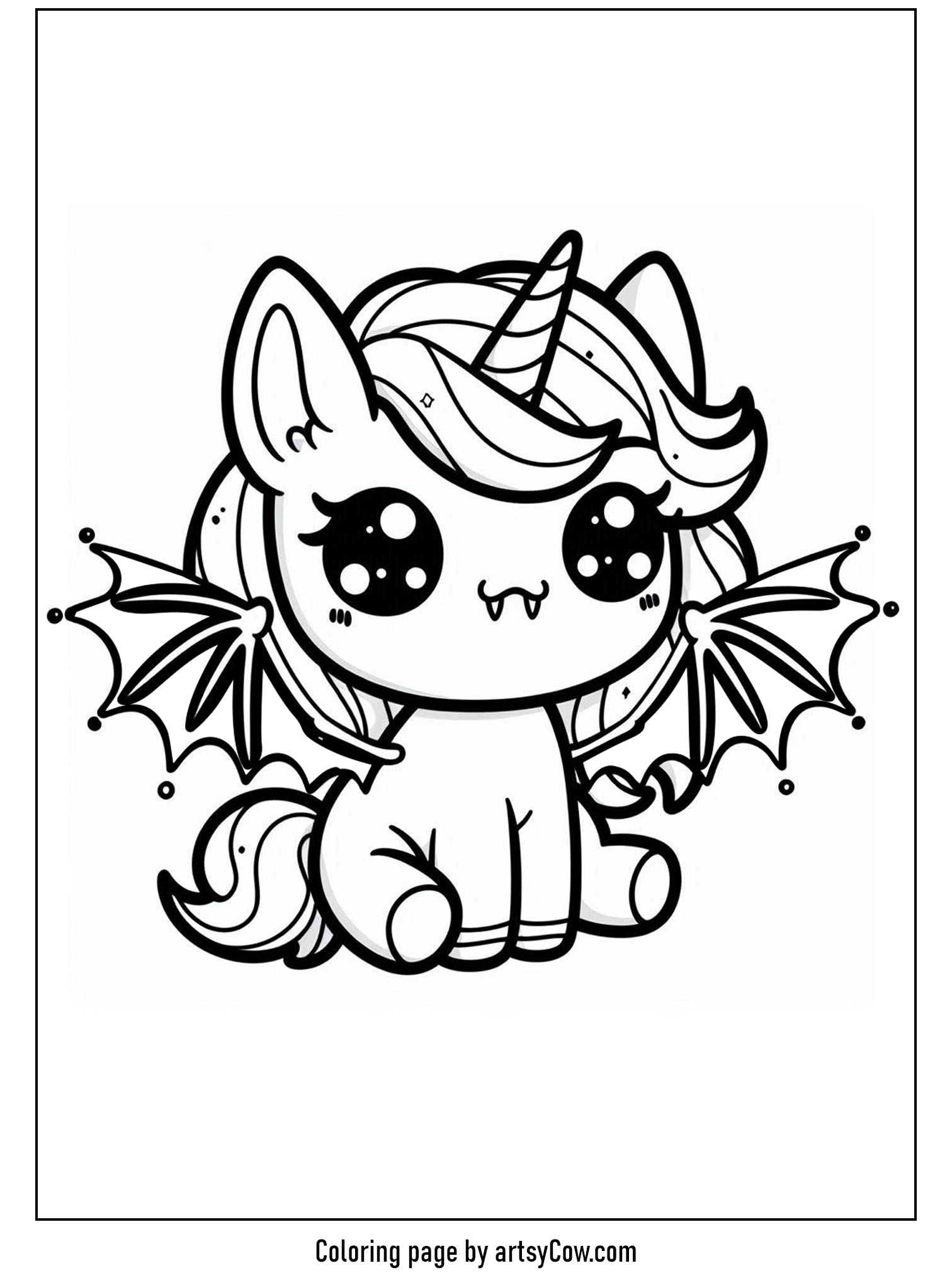 Halloween coloring pages with unicorn 2 featuring a cute unicorn with bat wings sitting playfully.